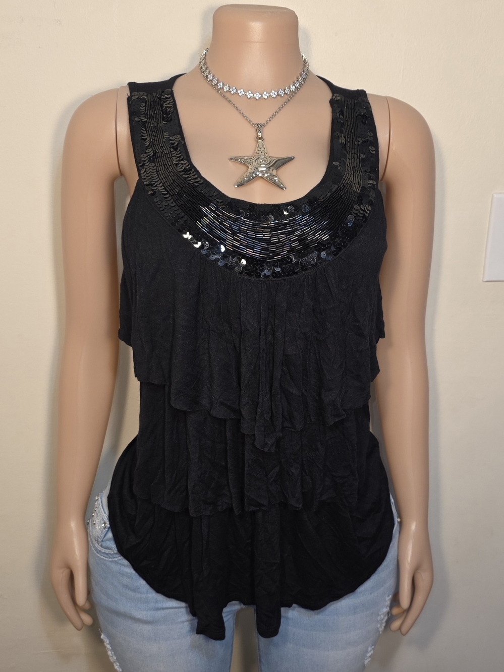 ☆Dots Black Sequin Scoop Neck Tiered Ruffle Tank☆